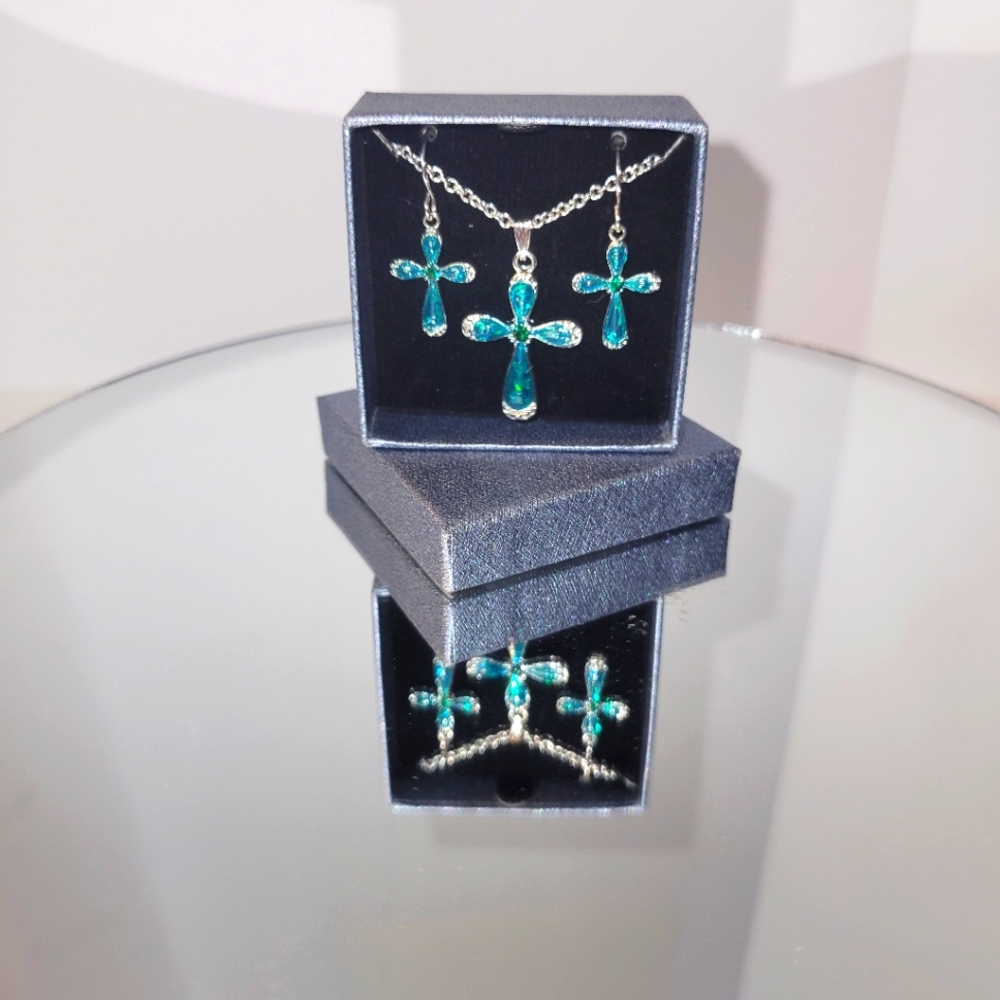 NIB Teal Cross necklace and earrings set